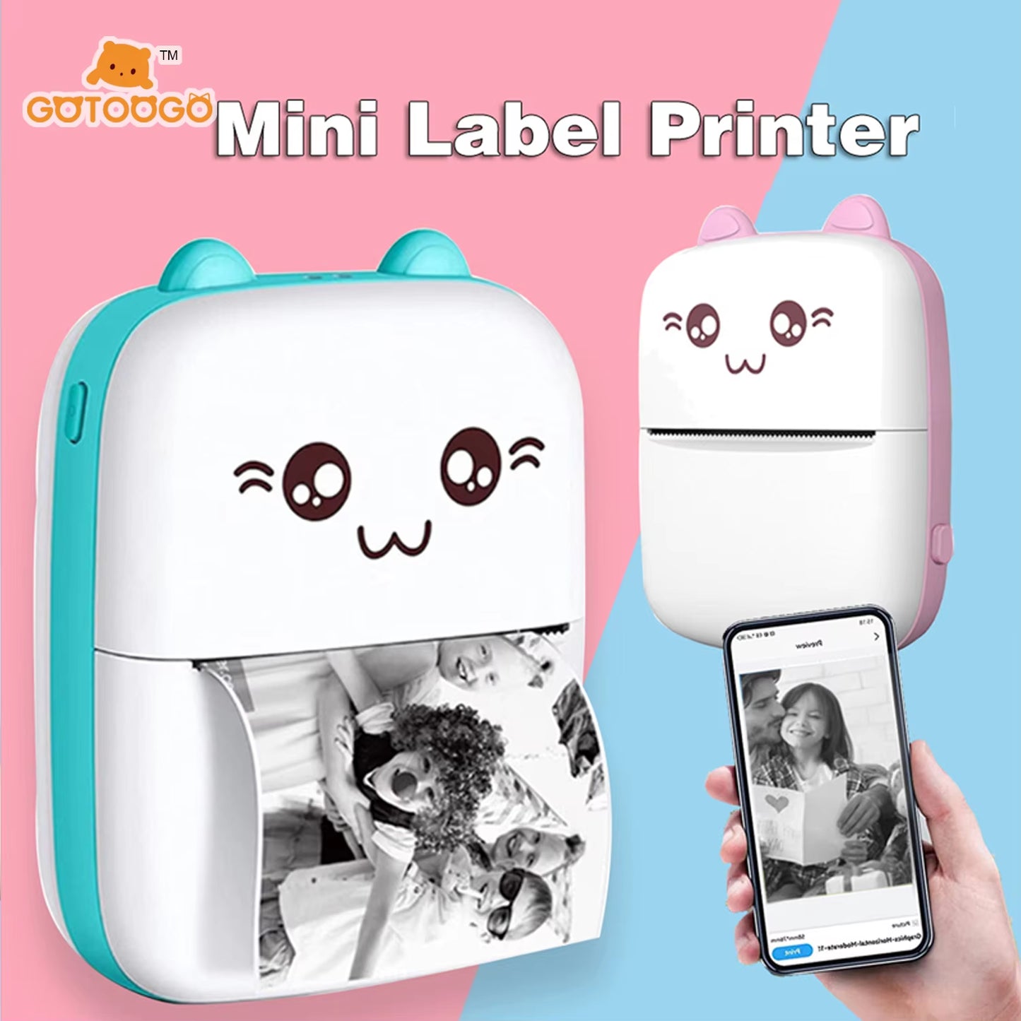 Mini Pocket Printer, Wireless BT Connection Thermal Printer for Photos Receipts Notes Memo Label Portable Inkless Gift Printer