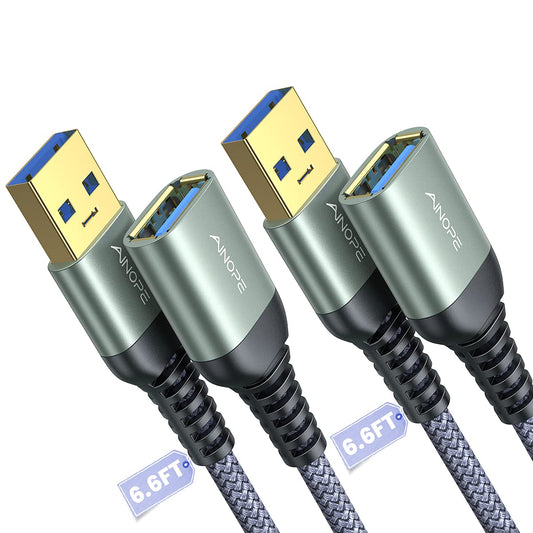 2 Pack USB Extensions Cable High Speed USB 3.0 Extension Cord Type a Male to Female Sturdy Braided Material Fast Data Transfer Compatible with USB Keyboard,Mouse,Flash Drive,Grey,6.6Ft+6.6Ft